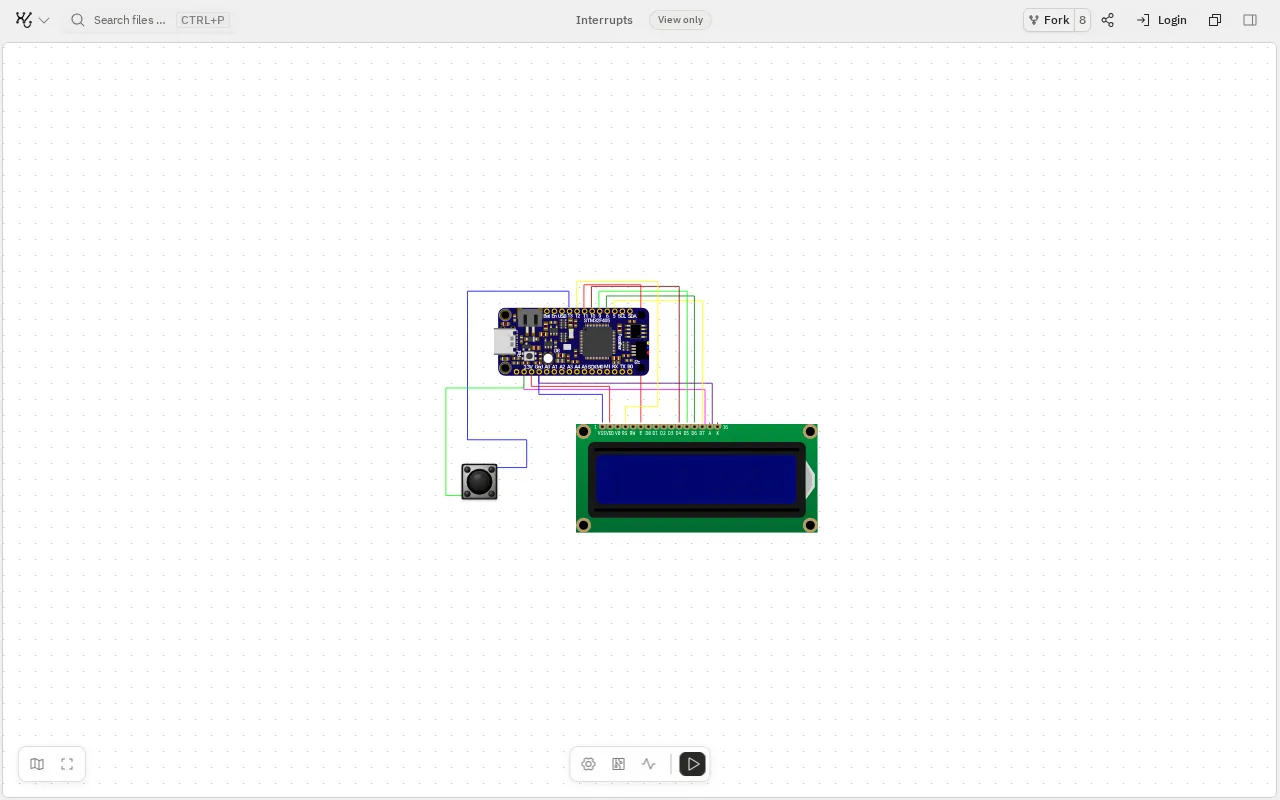 The Interrupts project: an STM32 board wired to a button and LCD, with the triangular Run control at the bottom of the canvas.