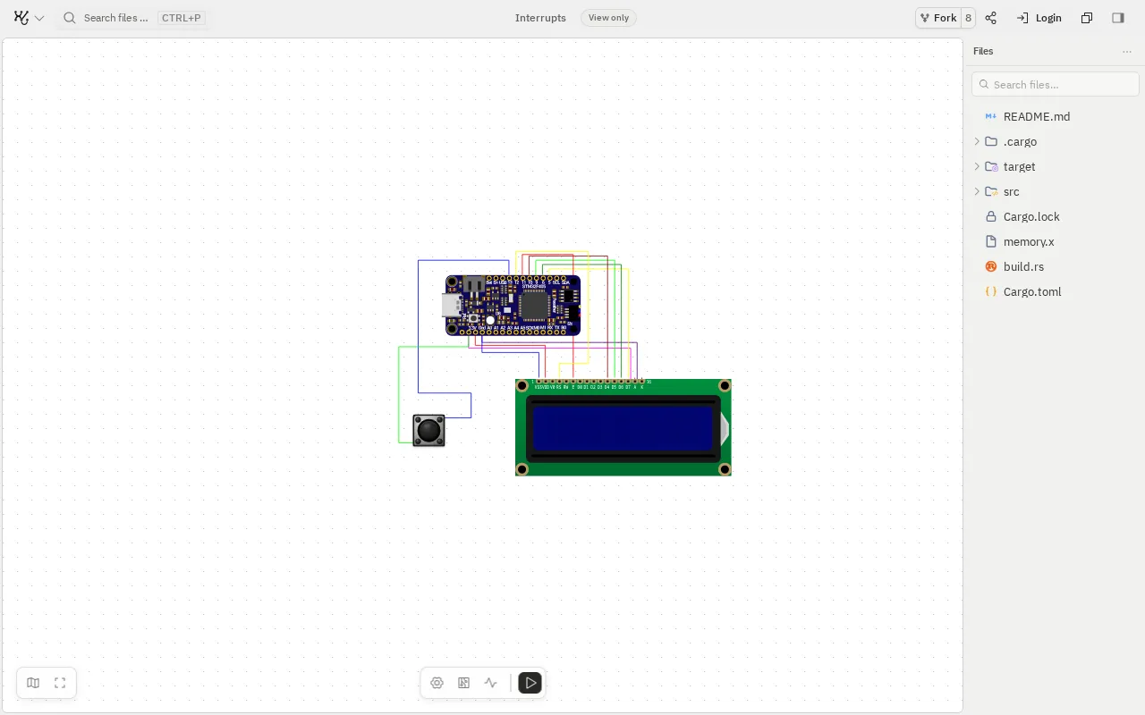 The same project with the Files panel open on the right, showing src, target, README.md, and the Rust project files.