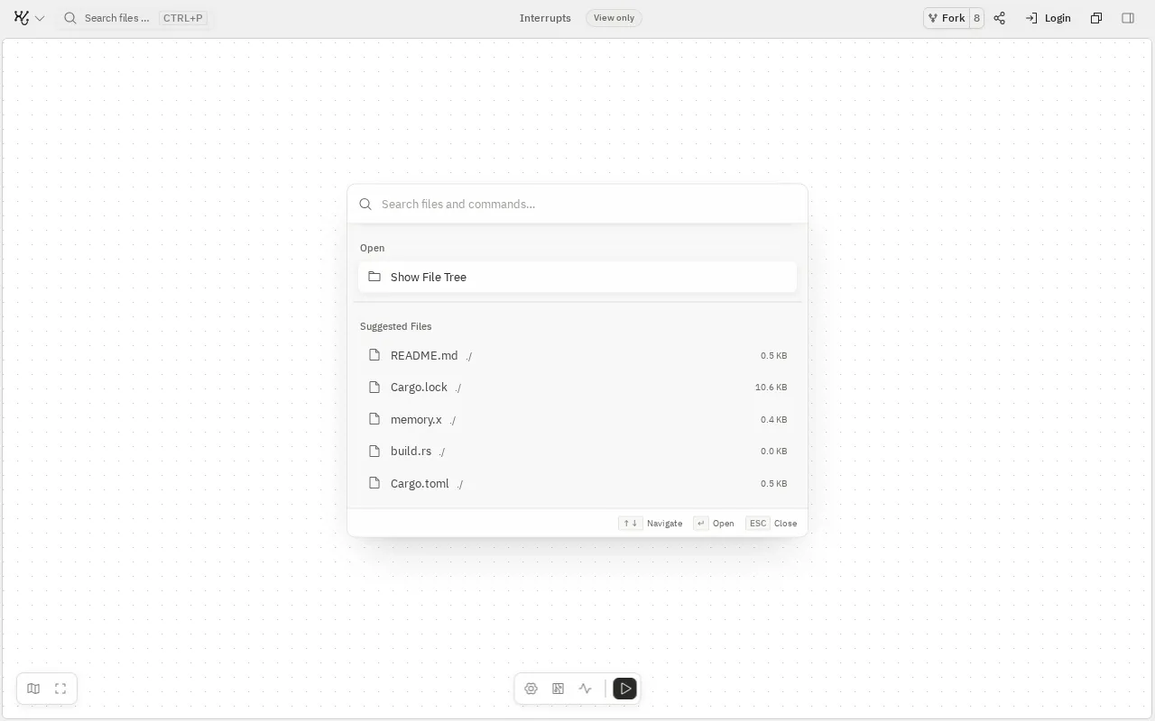 The search menu opened from the top bar, with Show File Tree and a list of project files.